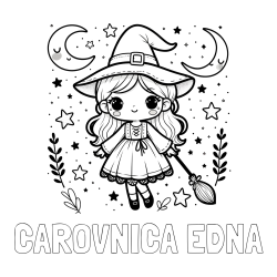 Online izdelana pobarvanka - Pobarvanka imena ČAROVNICA EDNA in pobarvanka prikupne čarovnice