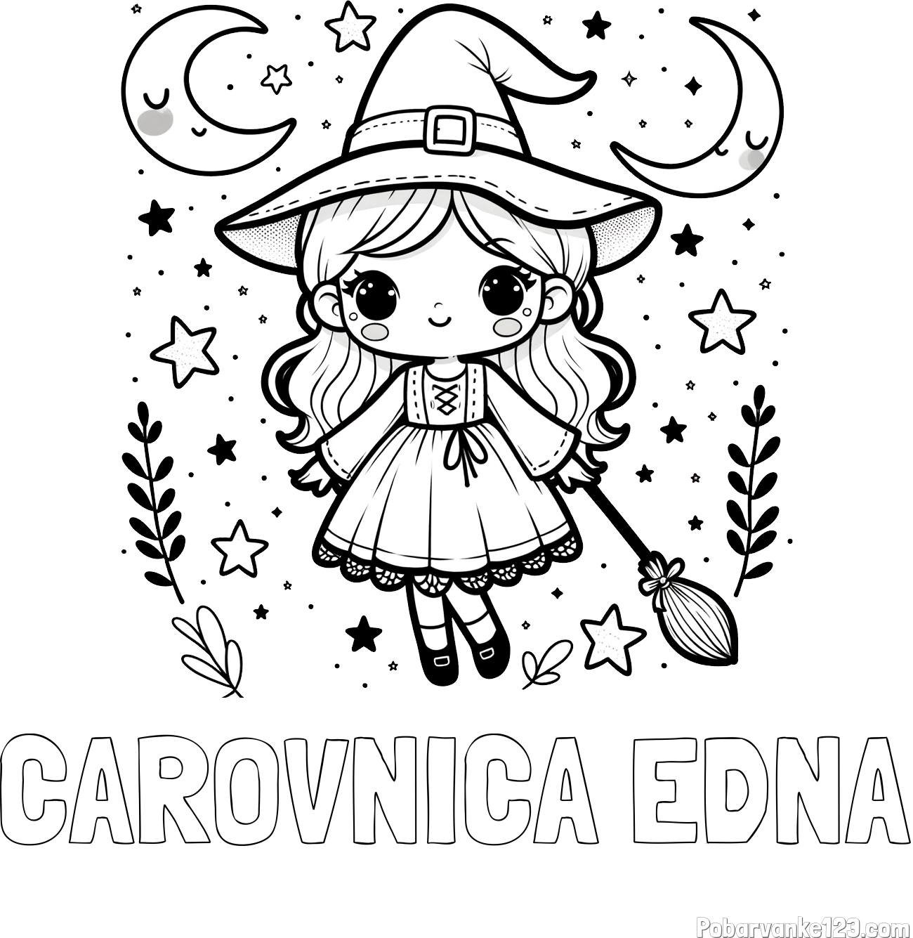 Pobarvanka imena ČAROVNICA EDNA in pobarvanka prikupne čarovnice