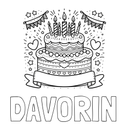 Online izdelana pobarvanka - Pobarvanka imena DAVORIN in pobarvanka velike torte za rojstni dan