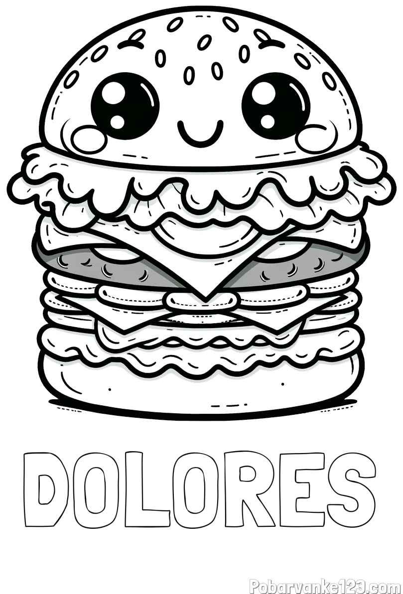 Pobarvanka imena DOLORES in otroška pobarvanka nasmejanega hamburgerja