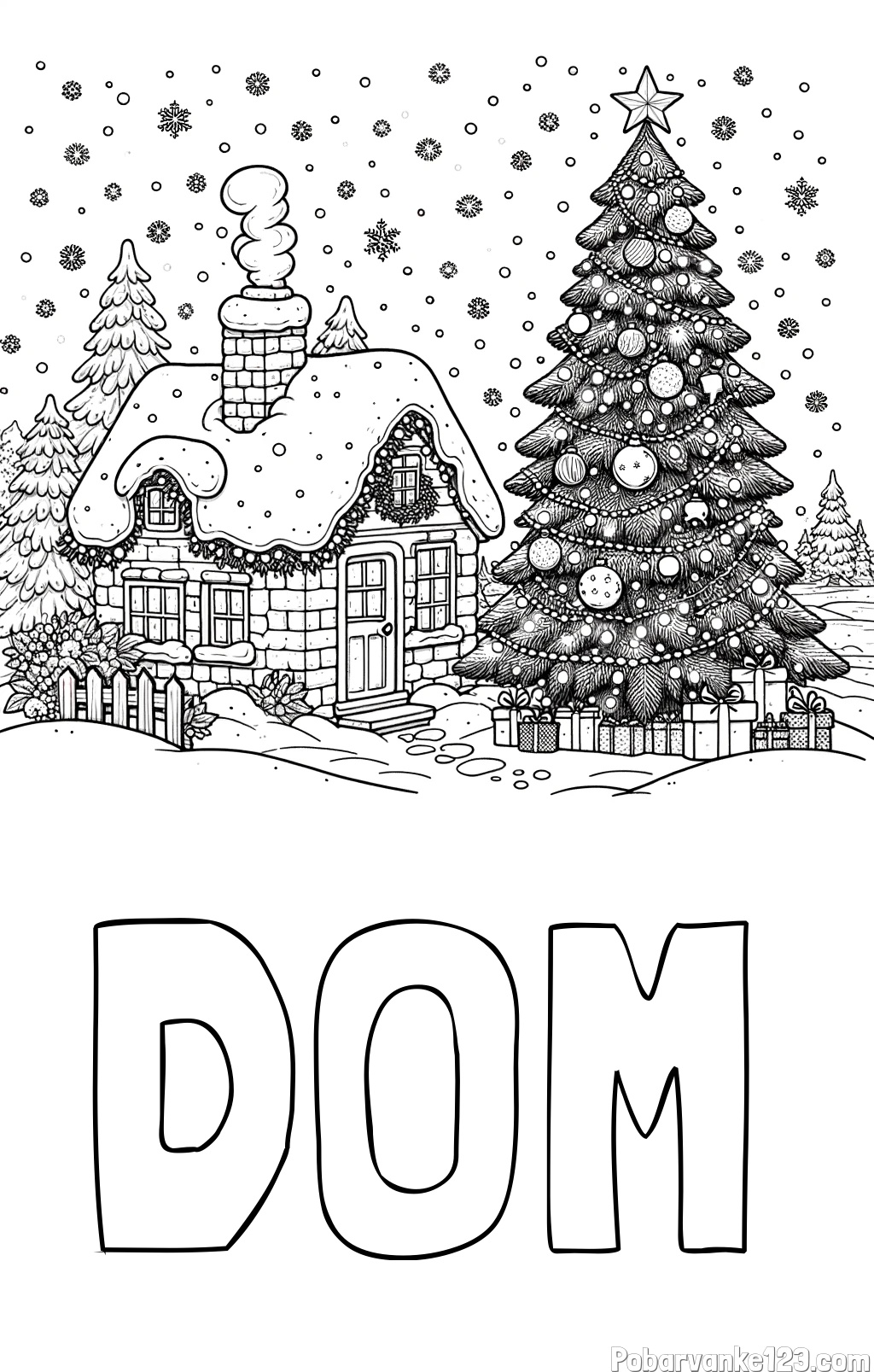 Pobarvanka imena DOM in pobarvanka zasnežene hiške na božično noč