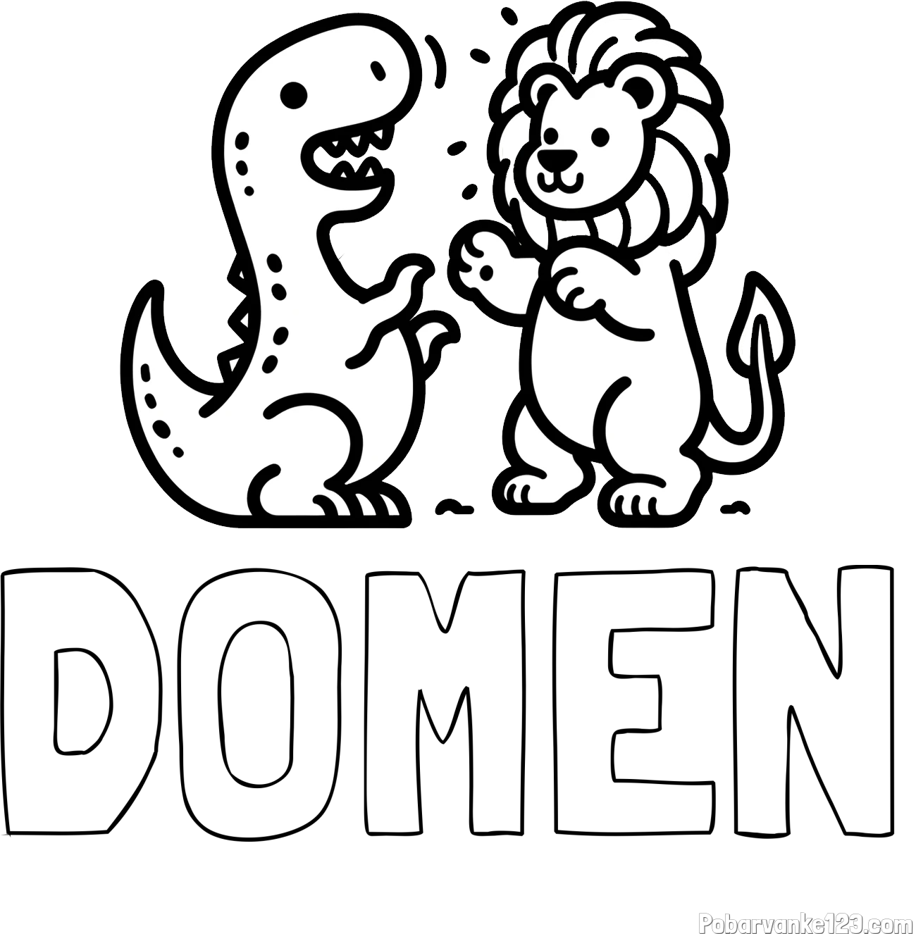 Pobarvanka imena DOMEN in pobarvanka dinozavra, ki napada leva