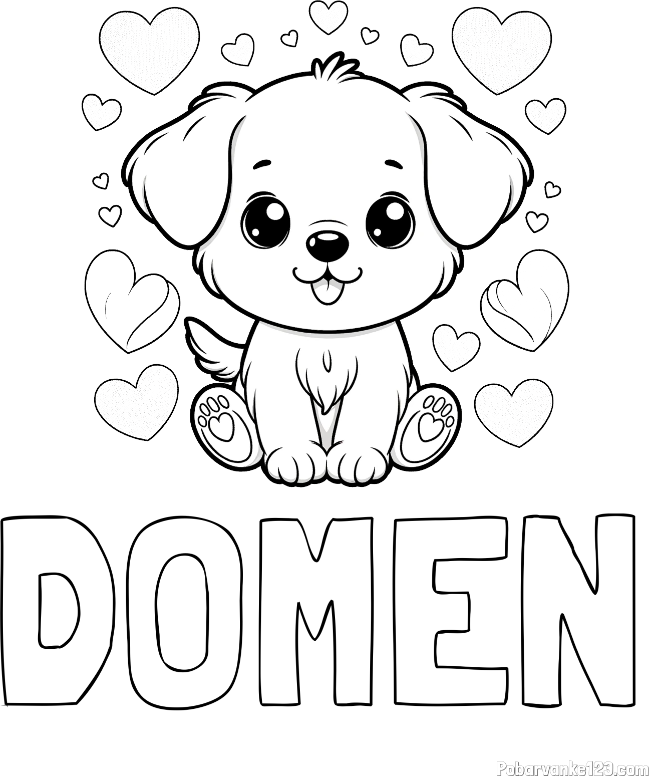 Pobarvanka imena DOMEN in pobarvanka ljubkega kužka obdanega s srčki