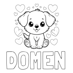 Online izdelana pobarvanka - Pobarvanka imena DOMEN in pobarvanka ljubkega kužka obdanega s srčki