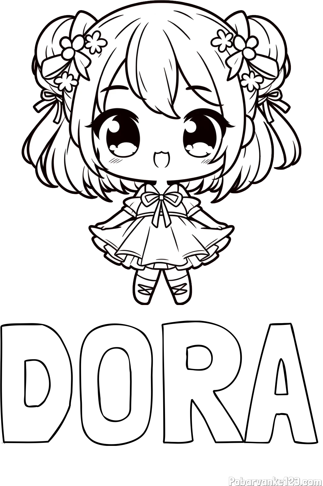 Pobarvanka imena DORA in otroška pobarvanka punčke v japonskem anime slogu