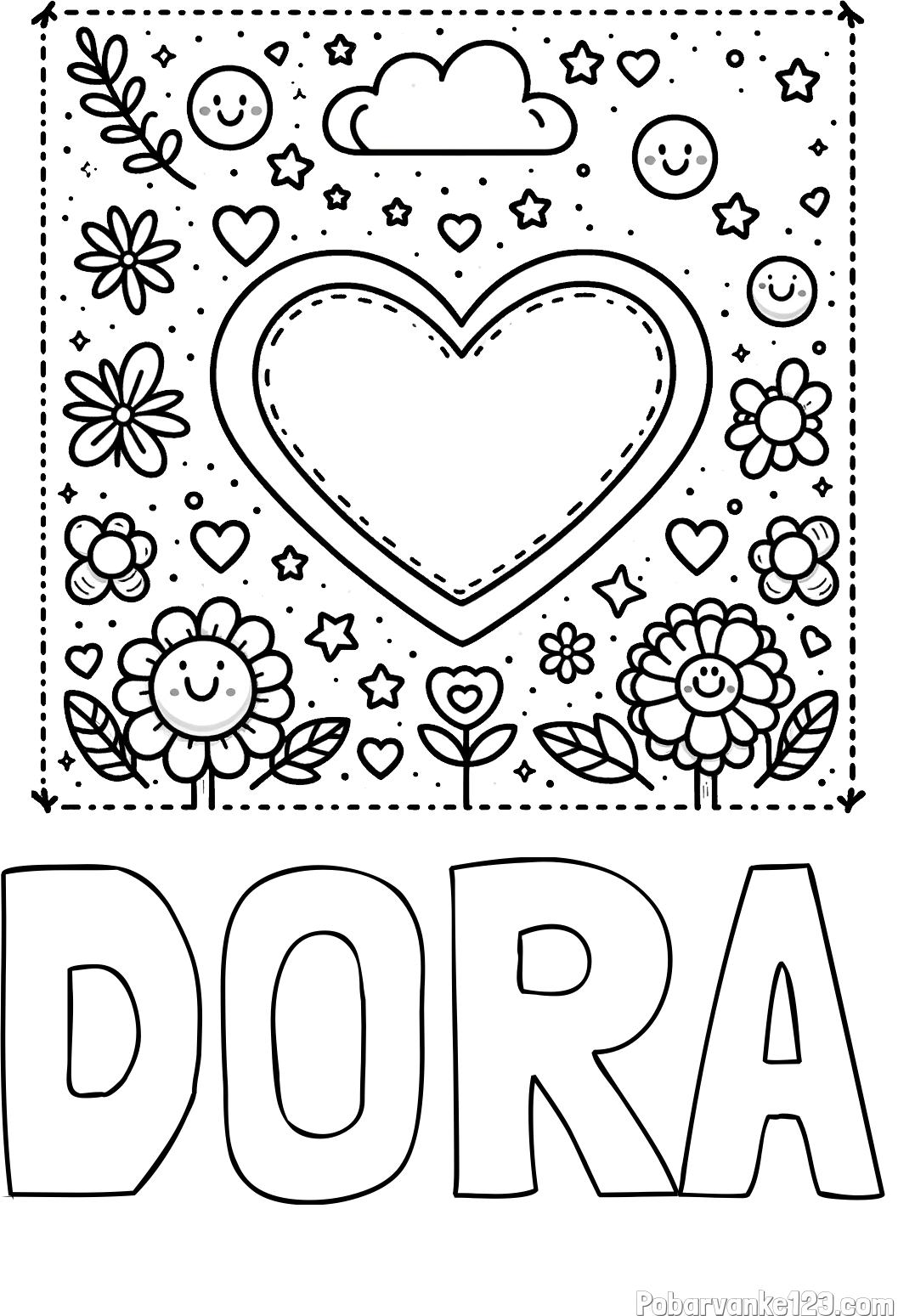 Pobarvanka imena DORA in pobarvanka srčka ter rožic