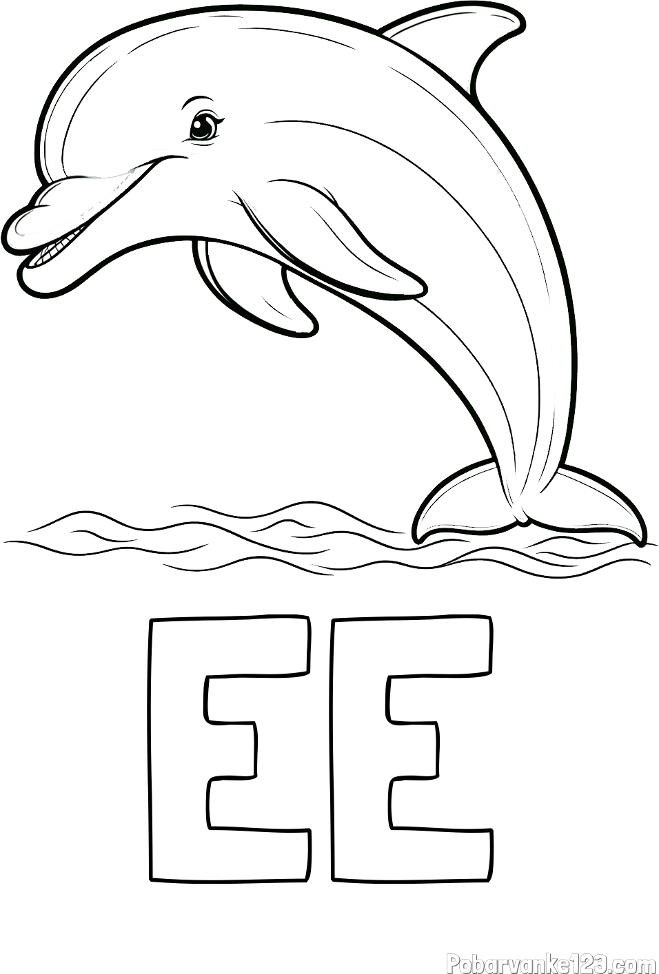 Pobarvanka imena EE in otroška pobarvanka nasmejanega delfina v skoku
