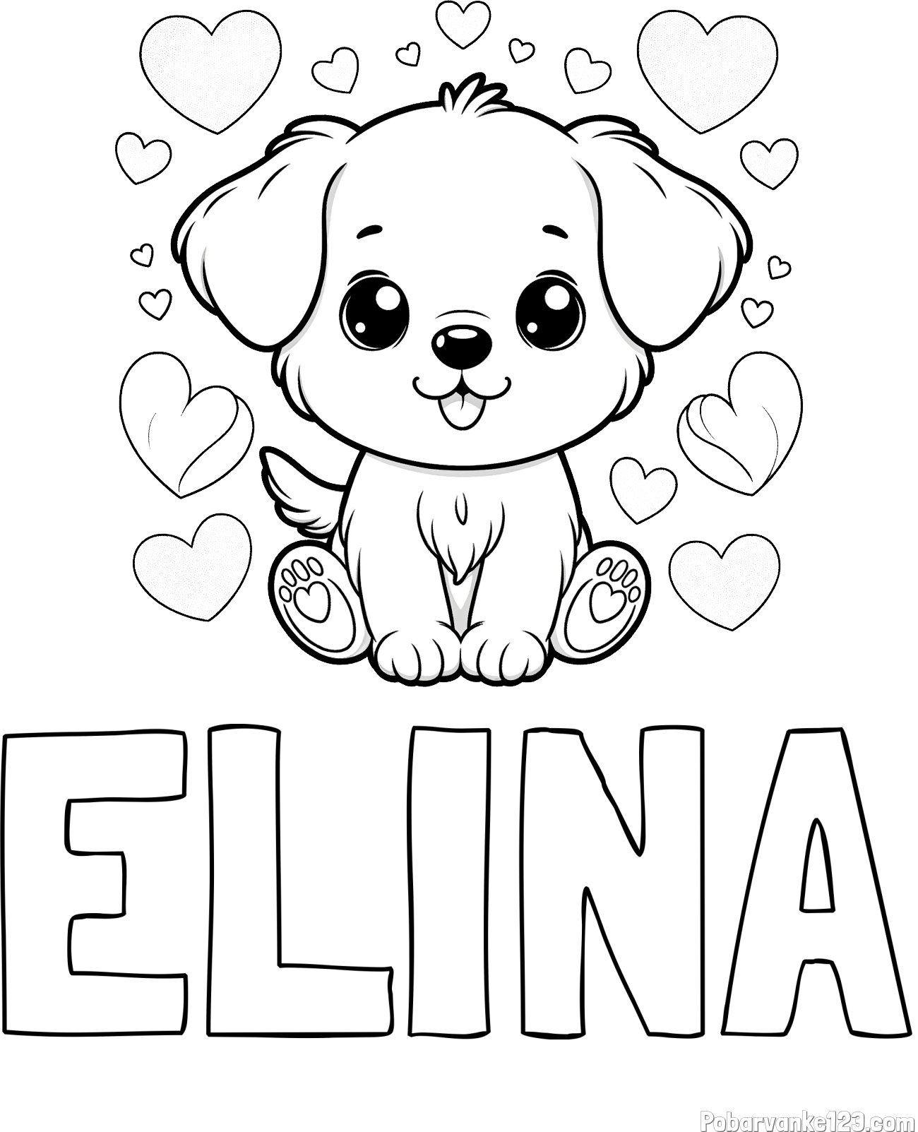 Pobarvanka imena ELINA in pobarvanka ljubkega kužka obdanega s srčki