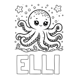 Online izdelana pobarvanka - Pobarvanka imena ELLI in pobarvanka hobotnice v morju obdane z morskimi zvezdami