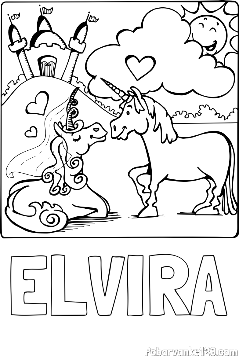 Pobarvanka imena ELVIRA in pobarvanka zaljubljenih samorogov