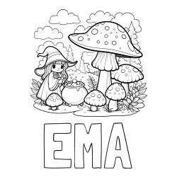Online izdelana pobarvanka - Pobarvanka imena EMA in pobarvanka čarovnice med gobami