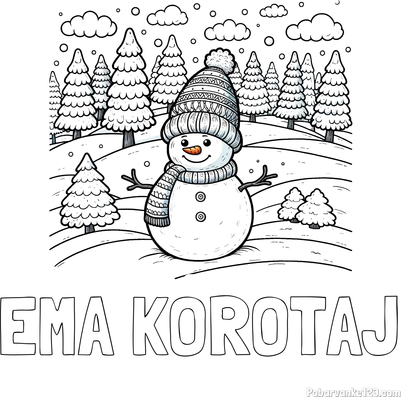 Pobarvanka imena EMA KOROTAJ in pobarvanka snežaka v naravi obdanega z zasneženimi smrekami