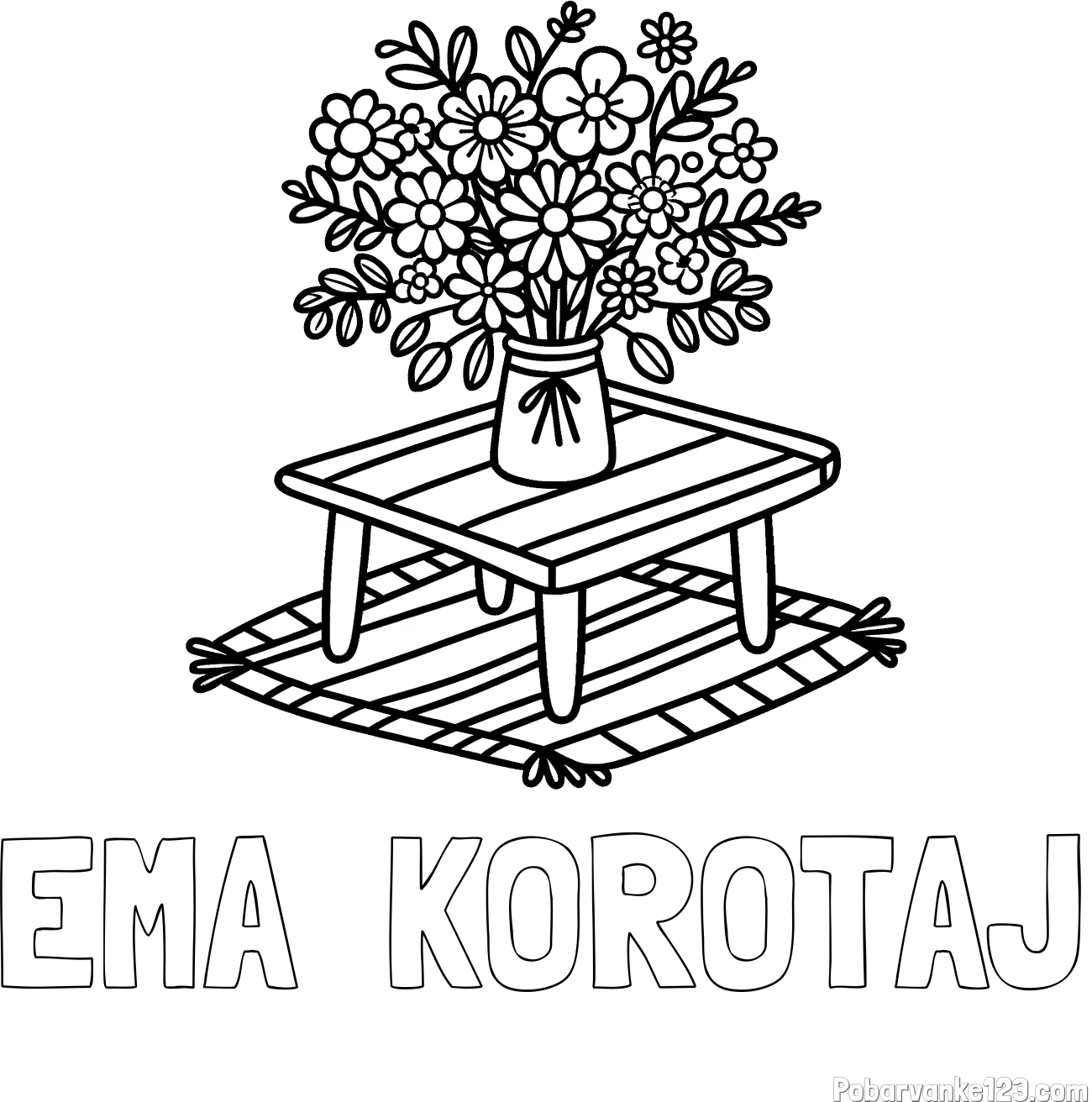 Pobarvanka imena EMA  KOROTAJ in pobarvanka šopka rož na mizi