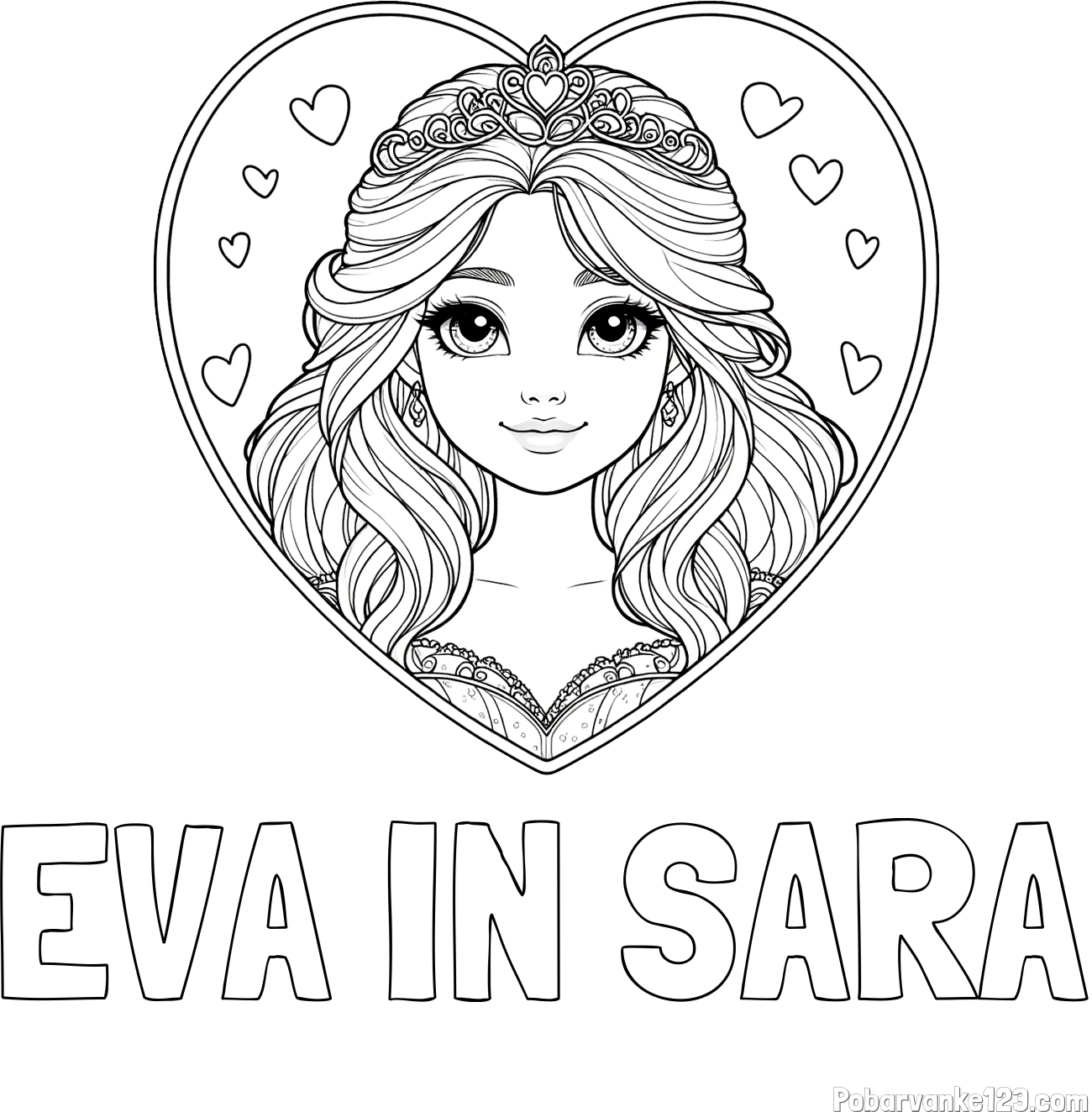Pobarvanka imena EVA IN SARA in pobarvanka princeske ter srčkov