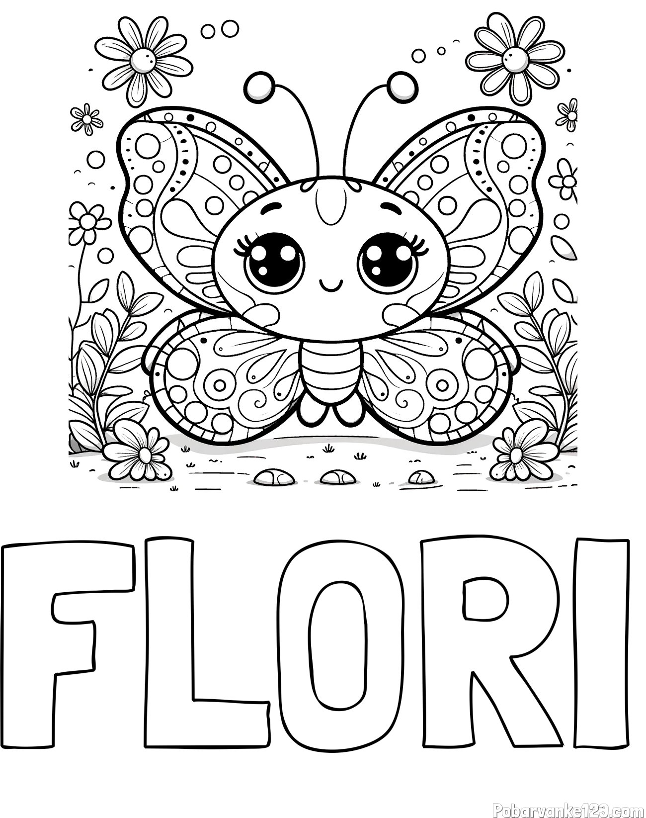 Pobarvanka imena FLORI in pobarvanka ljubkega metuljčka