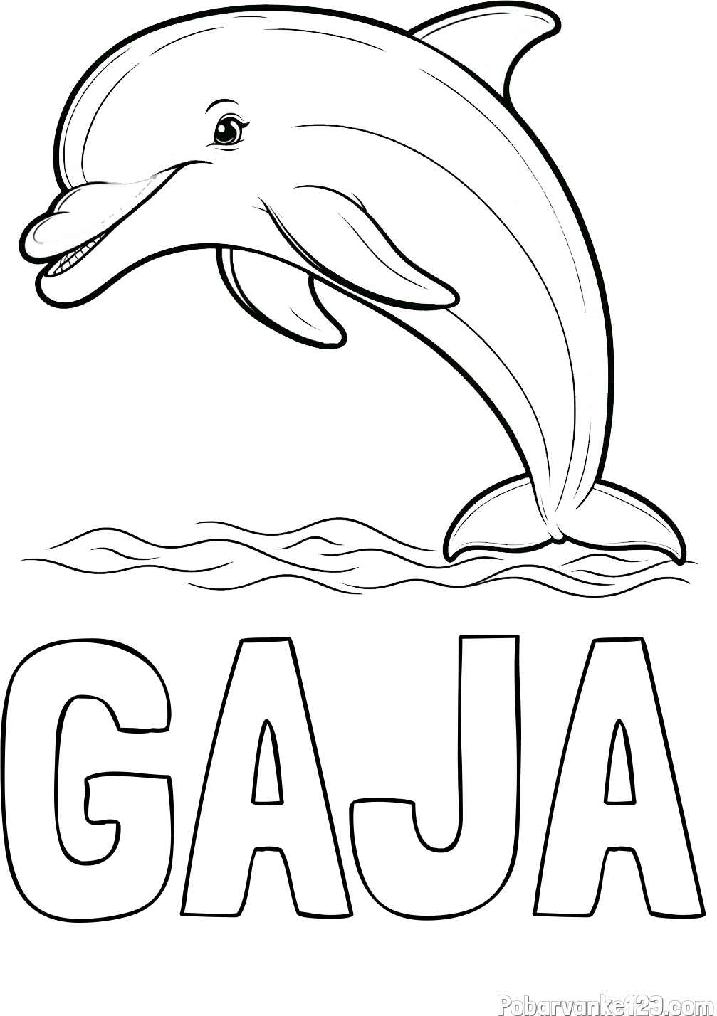 Pobarvanka imena GAJA in otroška pobarvanka nasmejanega delfina v skoku