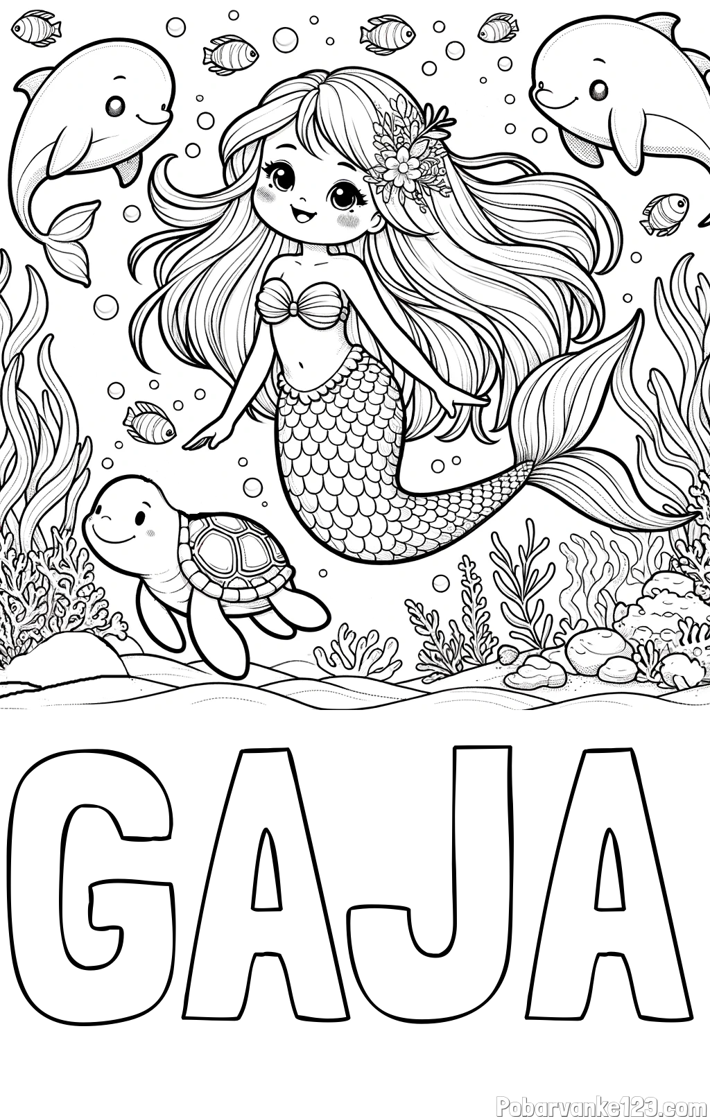 Pobarvanka imena GAJA in pobarvana ljubke morske deklice s prijatelji