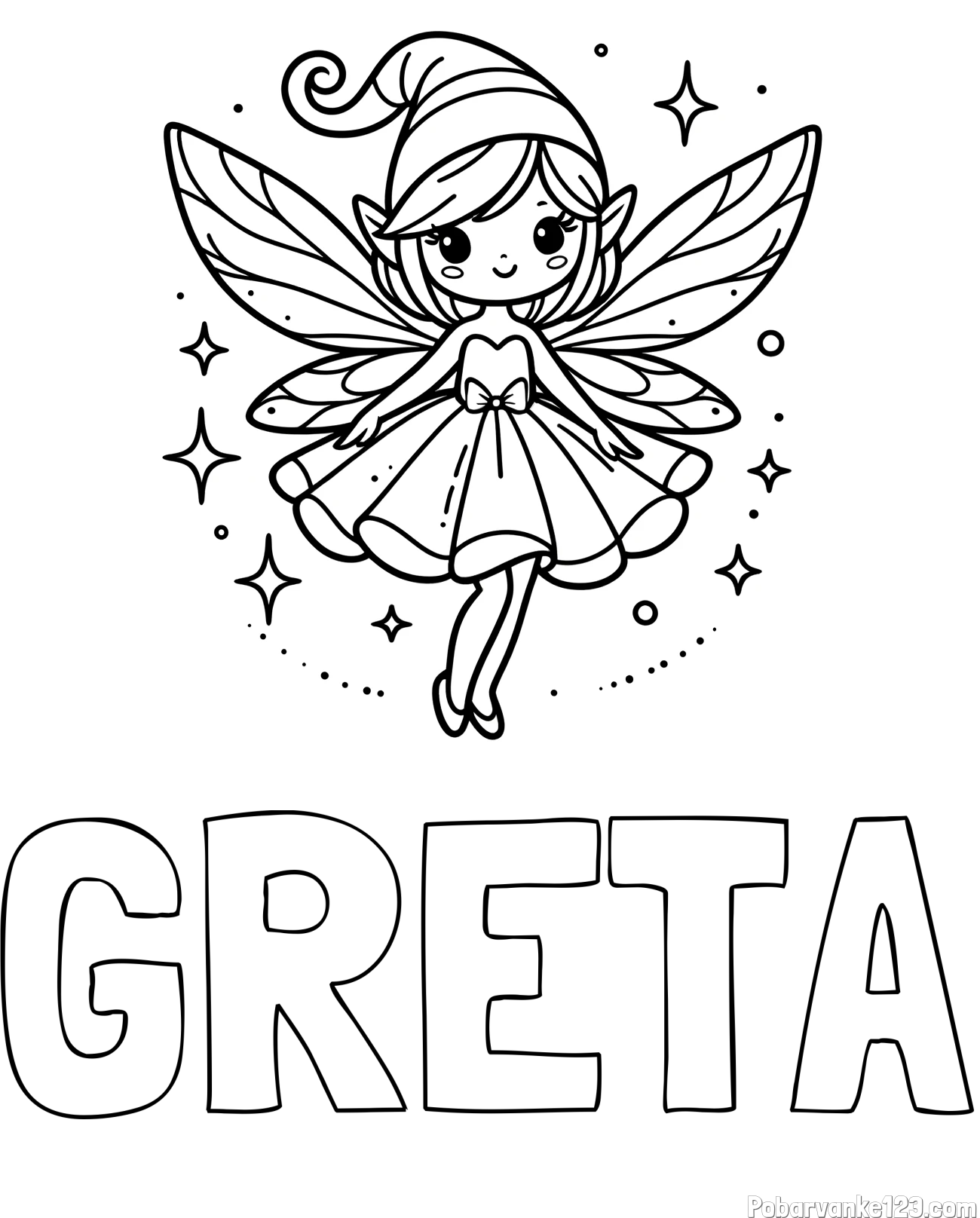 Pobarvanka imena GRETA in otroška pobarvanka čudovite vile