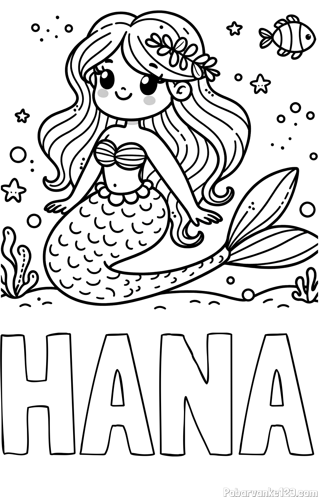 Pobarvanka imena HANA in pobarvanka ljubke morske deklice v morju
