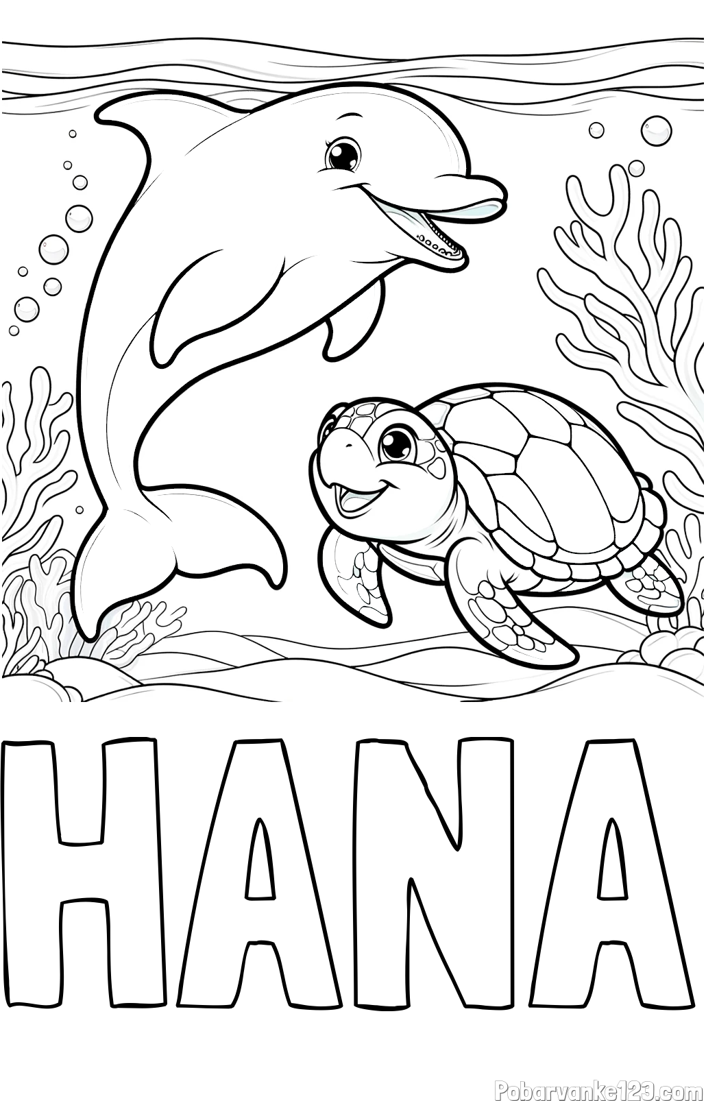 Pobarvanka imena HANA in pobarvanka ljubkega delfina z želvo v morju