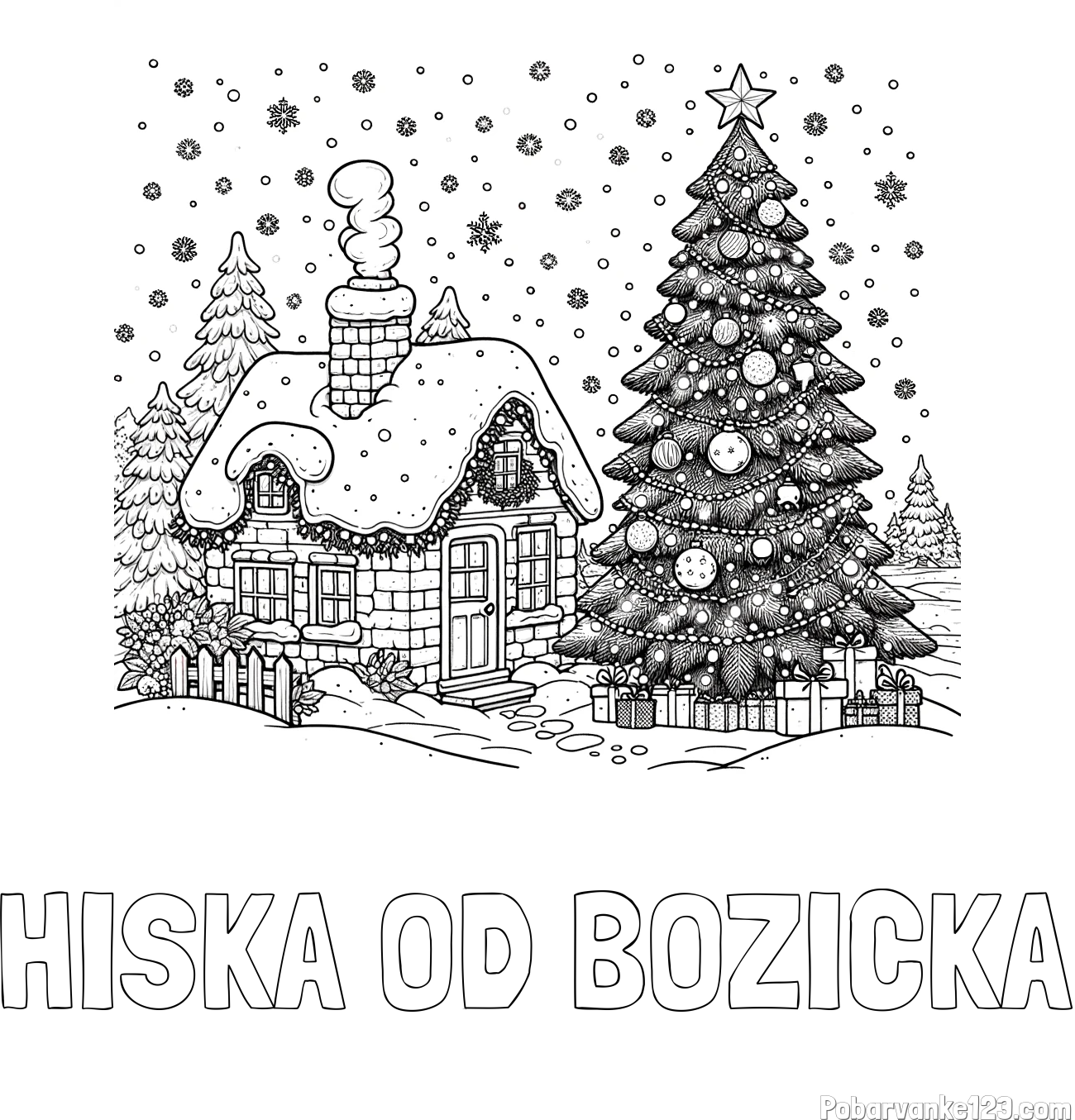 Pobarvanka imena HISKA OD BOZICKA in pobarvanka zasnežene hiške na božično noč