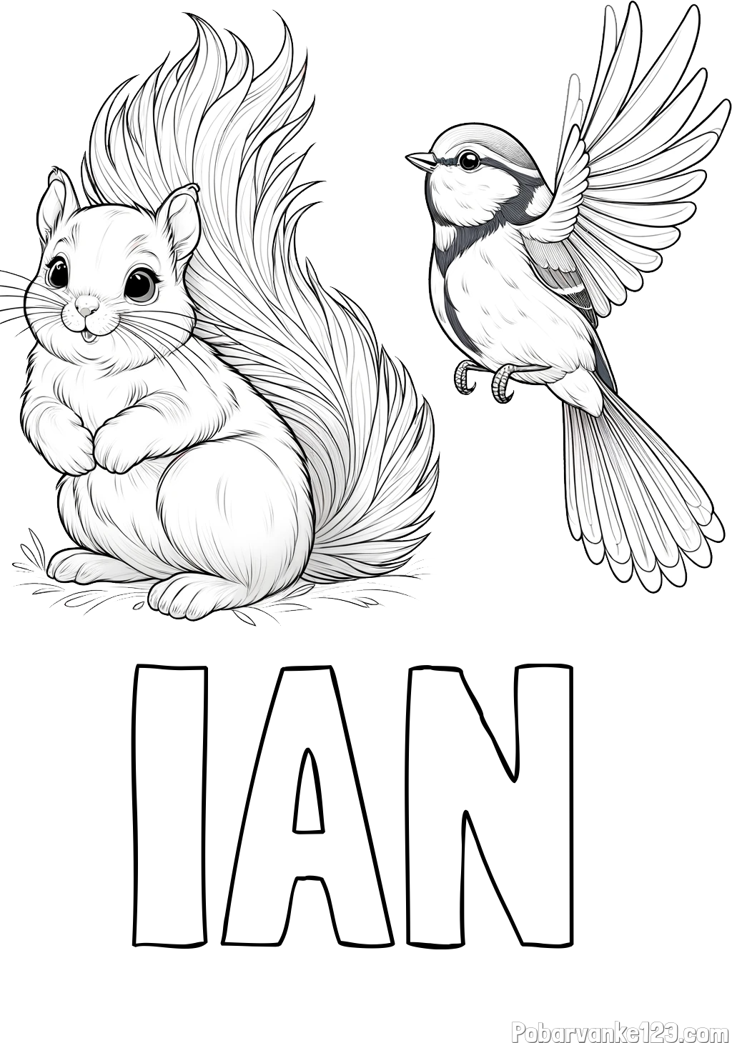 Pobarvanka imena IAN in pobarvanka veverice in ptičke