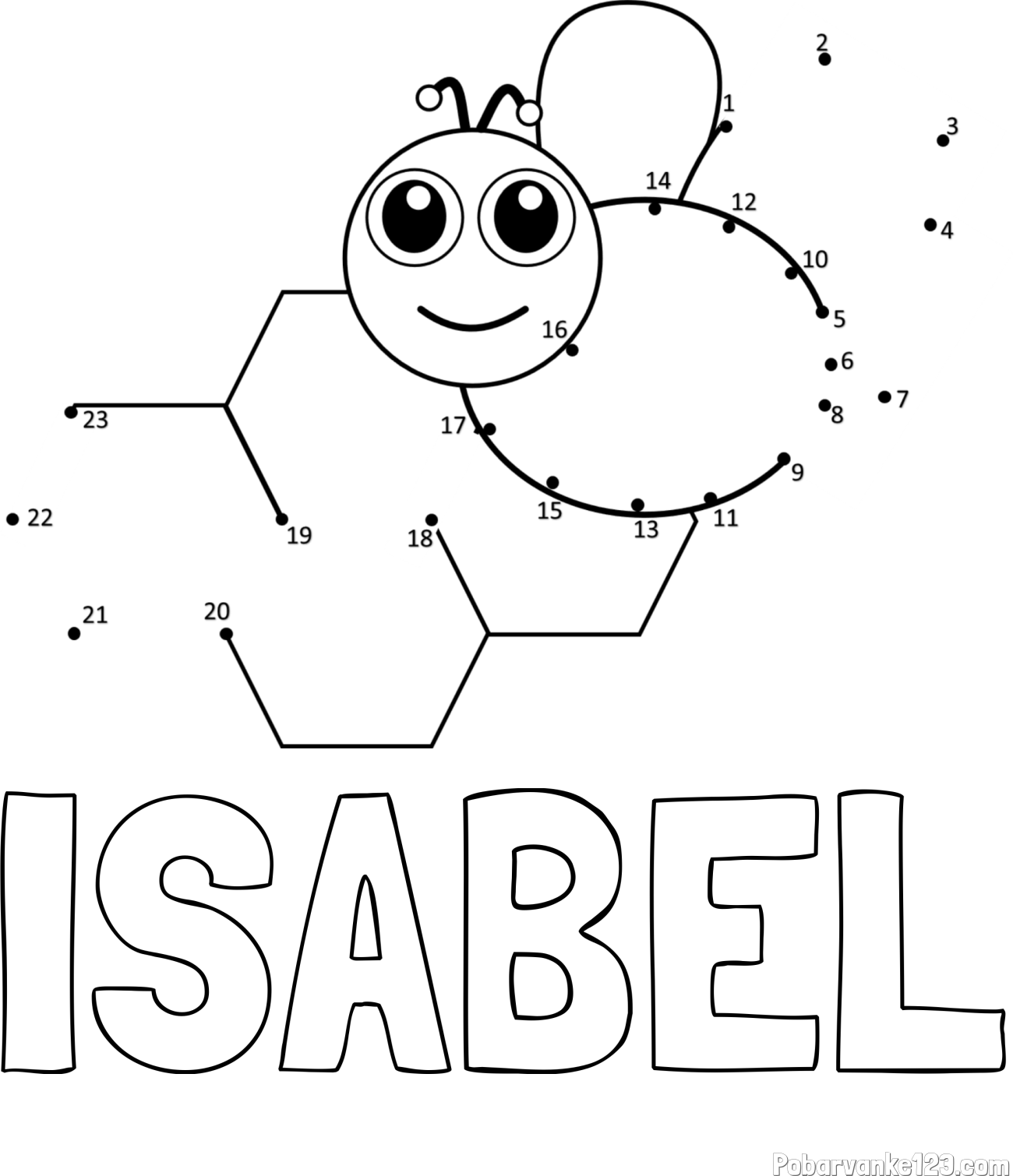 Pobarvanka imena ISABEL in pobarvanka čebelice in satja - poveži številke