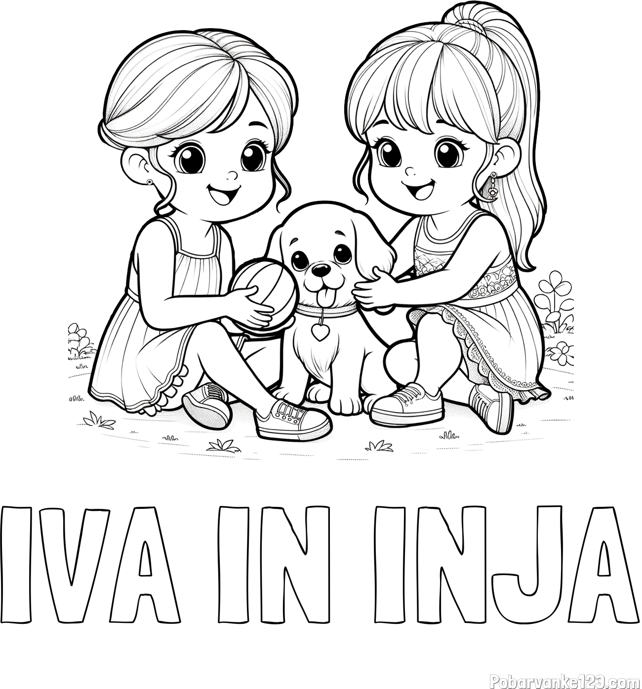 Pobarvanka imena IVA IN INJA in pobarvanka prijateljic s kužkom
