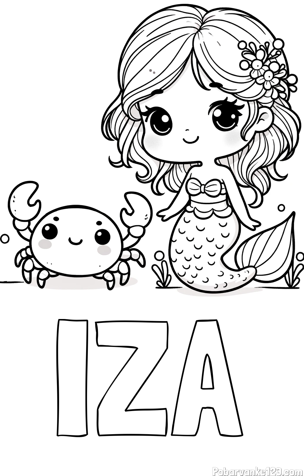 Pobarvanka imena IZA in pobarvanka ljubke morske deklice in veselega raka