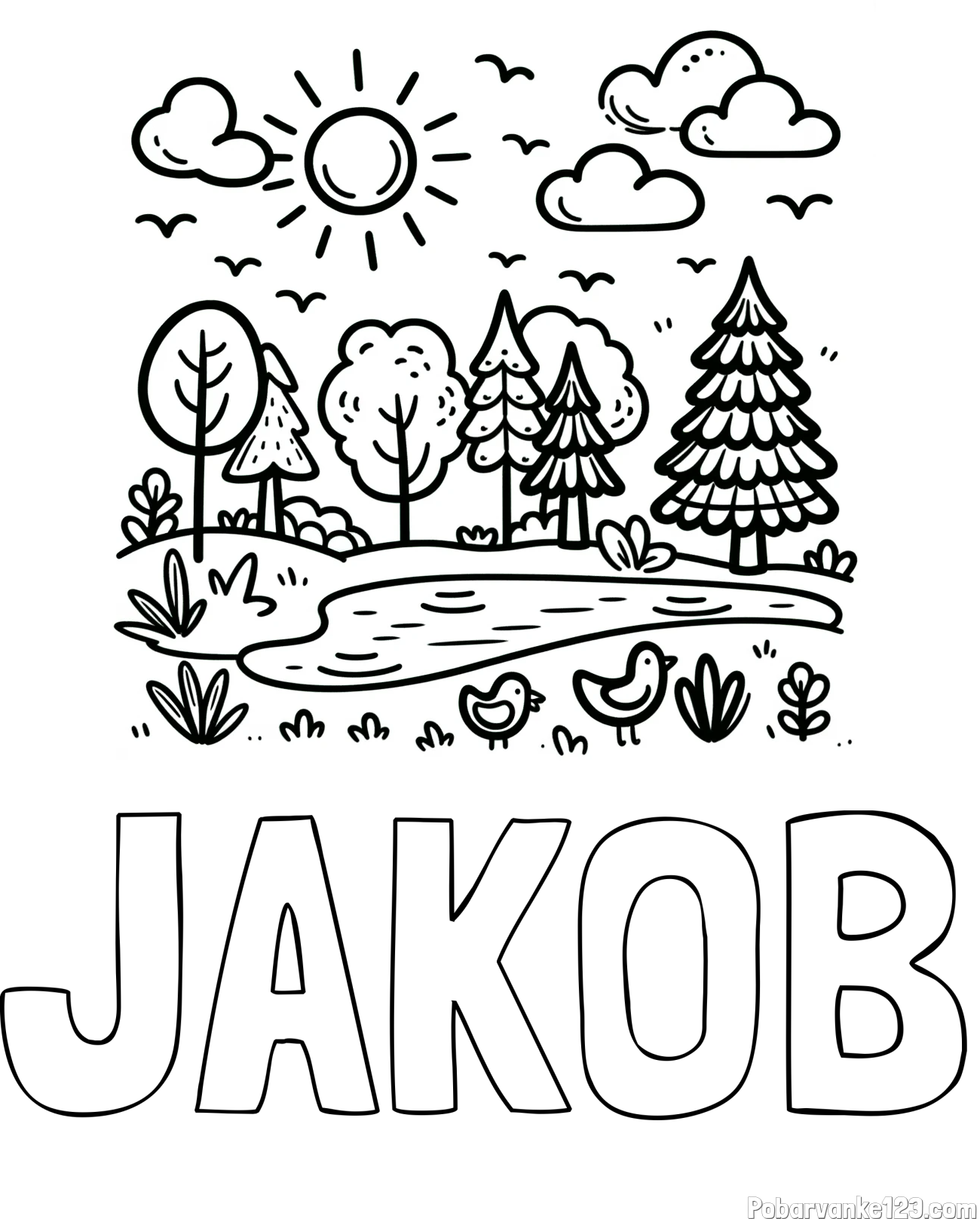 Pobarvanka imena JAKOB in preprosta otroška pobarvanka narave