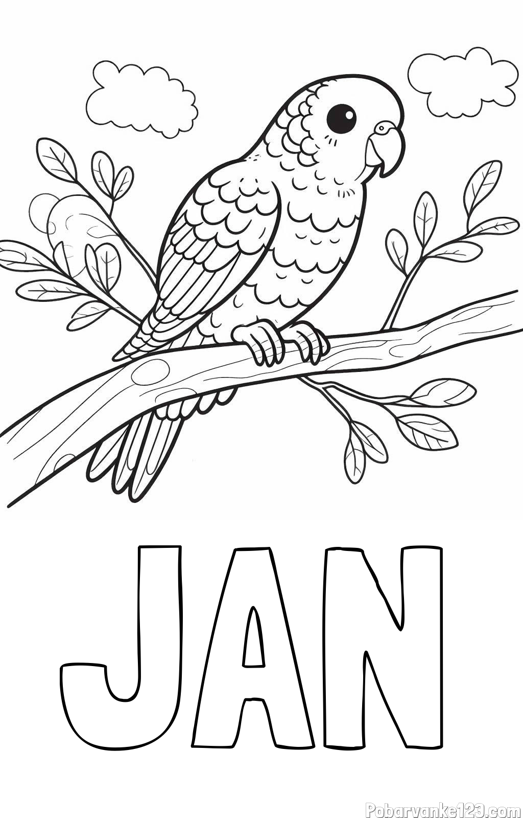 Pobarvanka imena JAN in pobarvanka ljubkega kanarčka na veji