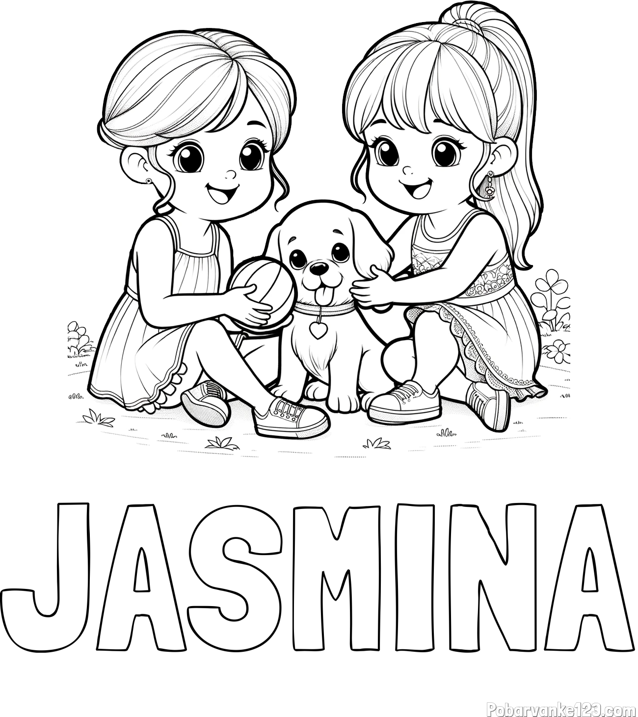 Pobarvanka imena JASMINA in pobarvanka prijateljic s kužkom