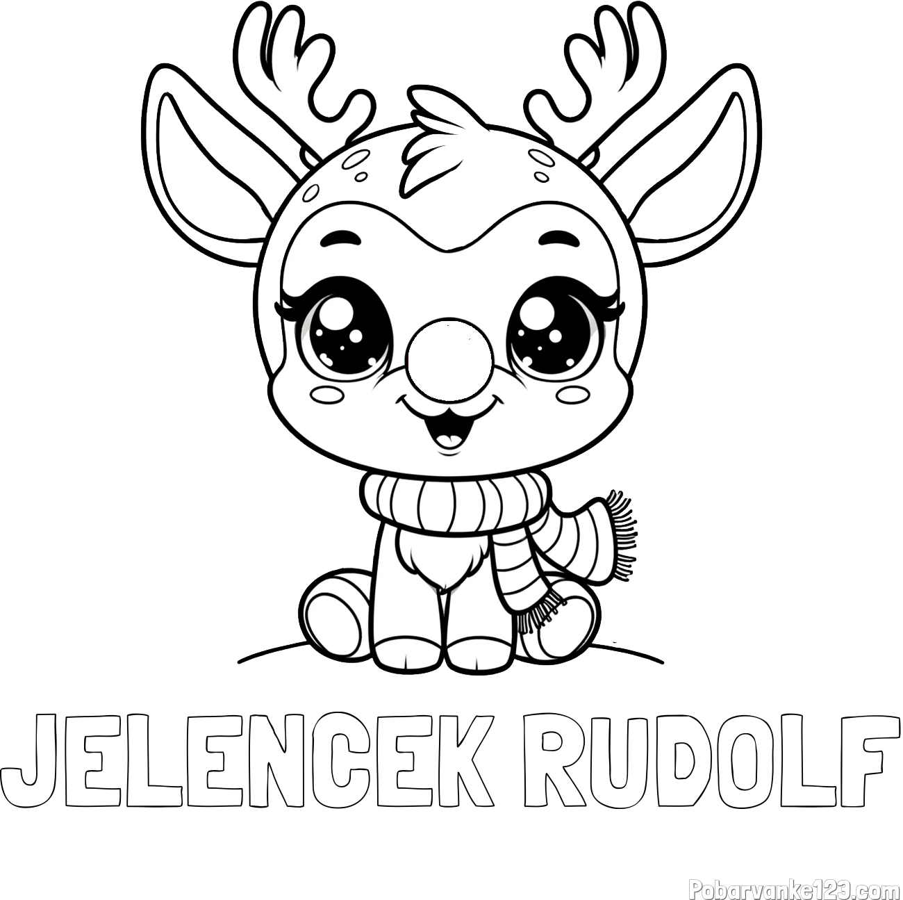 Pobarvanka imena JELENČEK RUDOLF in otroška pobarvanka jelenčka Rudolfa s šalom okoli vratu