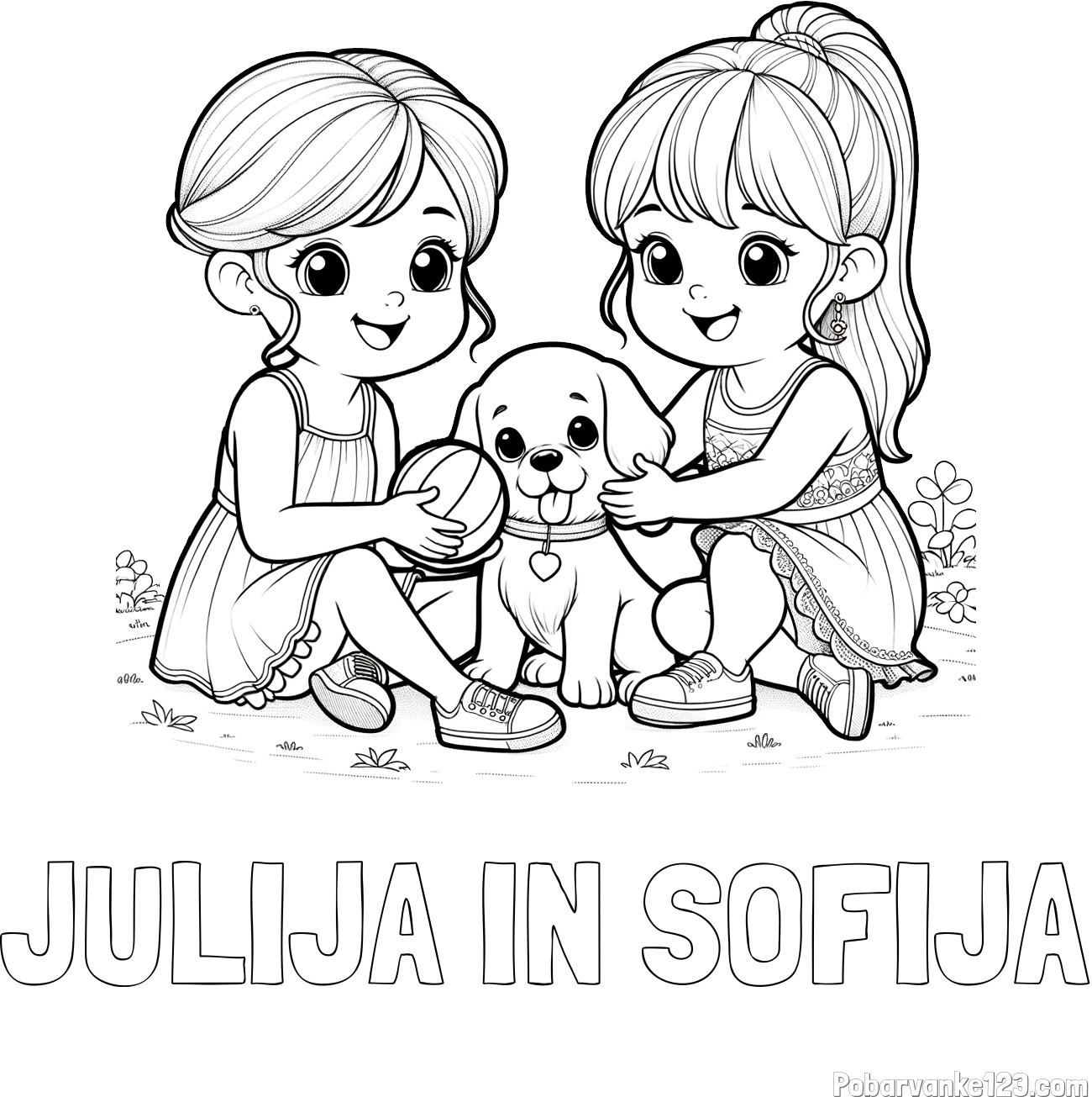 Pobarvanka imena JULIJA IN SOFIJA in pobarvanka prijateljic s kužkom