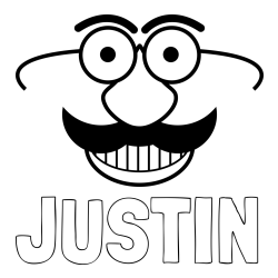 Online izdelana pobarvanka - Pobarvanka imena JUSTIN in pobarvanka smeška z brki in očali