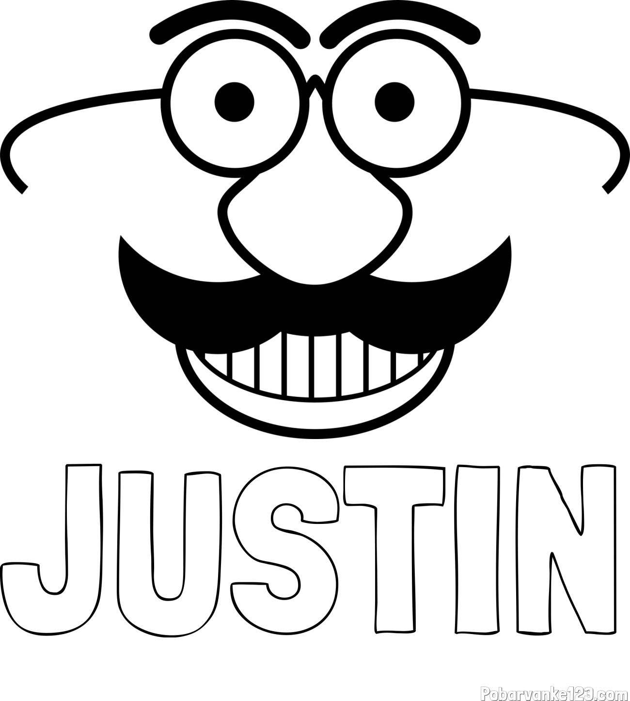 Pobarvanka imena JUSTIN in pobarvanka smeška z brki in očali