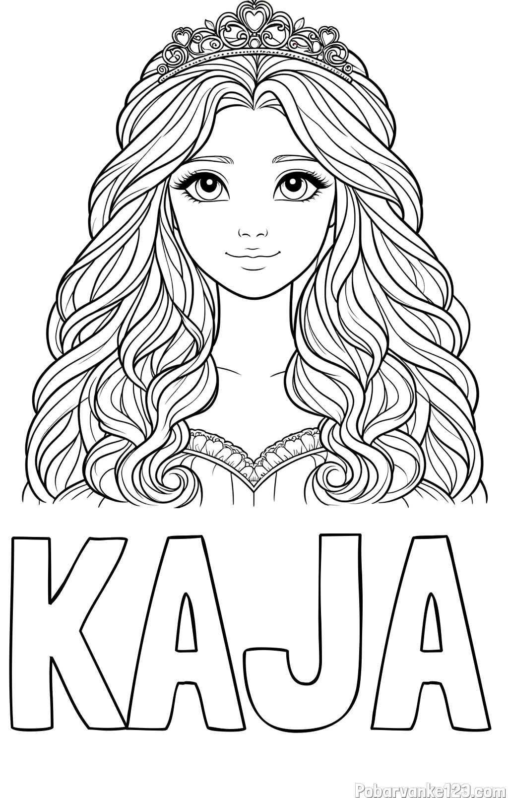 Pobarvanka imena KAJA in pobarvanka ljubke princese z bujnimi lasmi