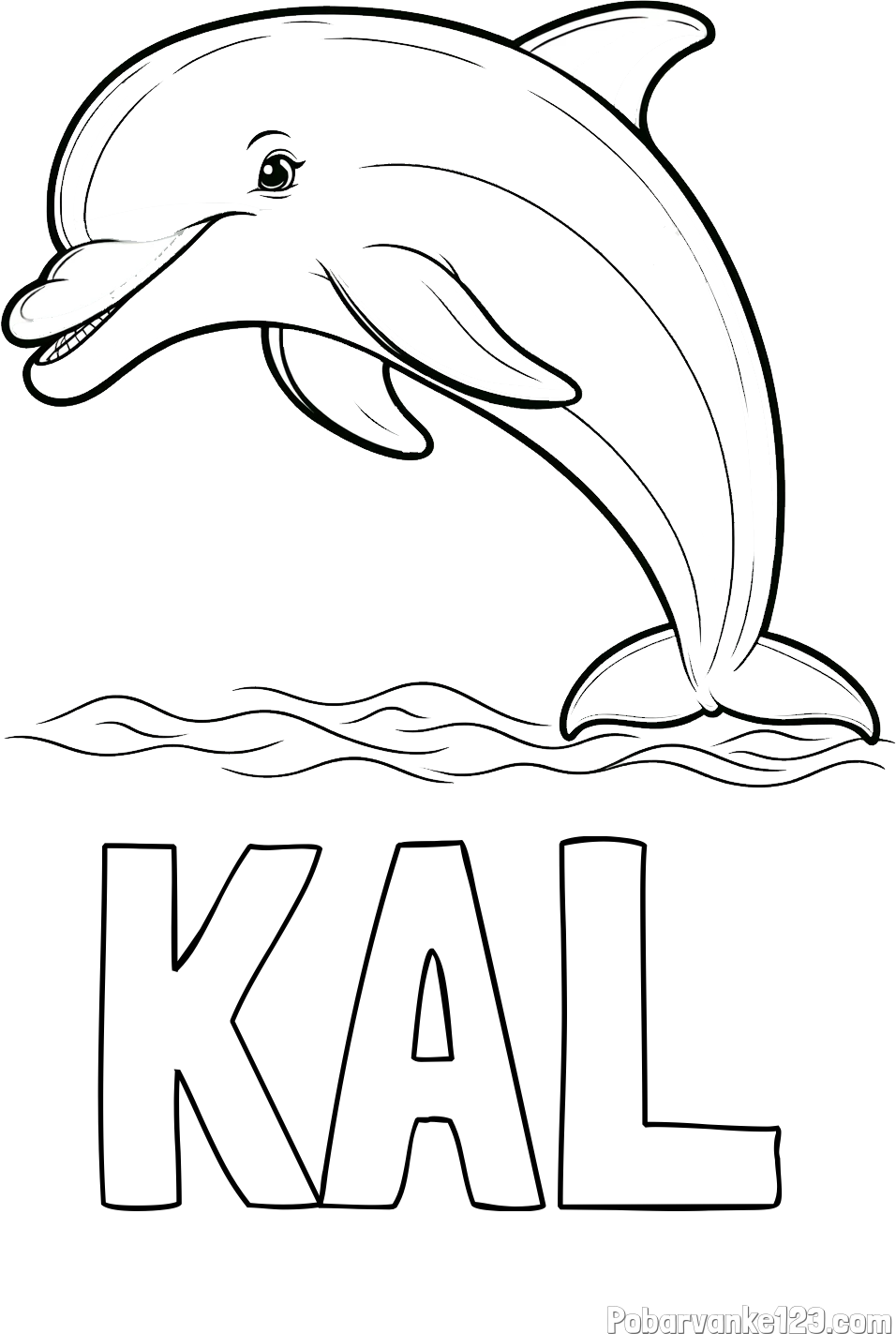 Pobarvanka imena KAL in otroška pobarvanka nasmejanega delfina v skoku