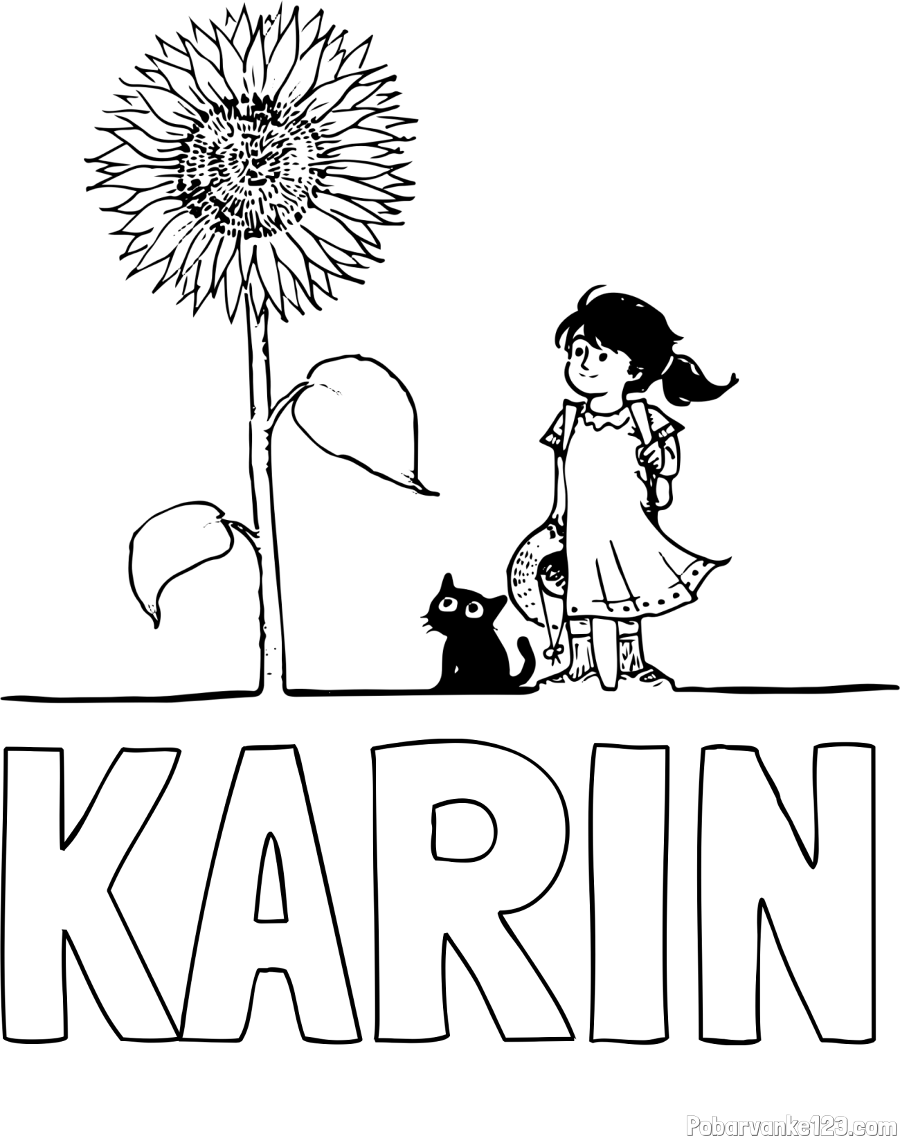 Pobarvanka imena KARIN in pobarvanka velike sončnice, deklice in ljubkega mačka