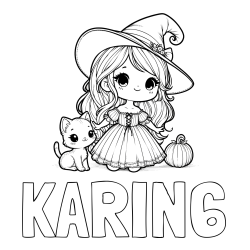 Online izdelana pobarvanka - Pobarvanka imena KARIN6 in pobarvanka ljubke čarovnice, muce in buče