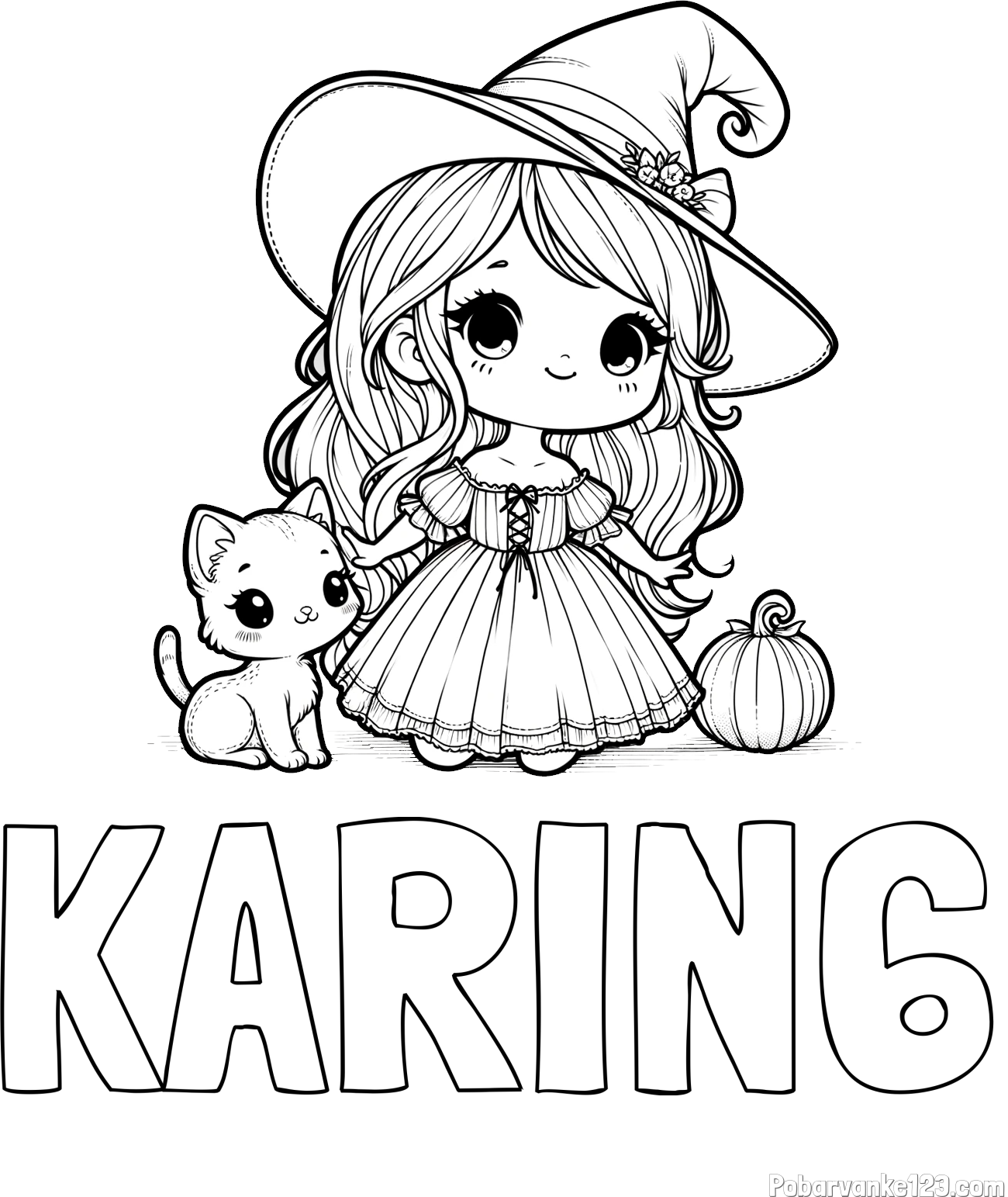Pobarvanka imena KARIN6 in pobarvanka ljubke čarovnice, muce in buče
