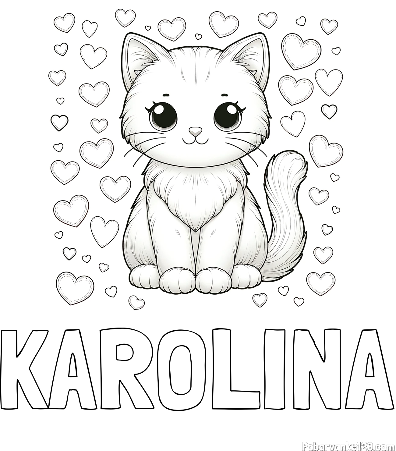 Pobarvanka imena KAROLINA in pobarvanka ljubke mucke obdane s srčki