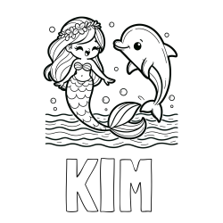 Online izdelana pobarvanka - Pobarvanka imena KIM in pobarvanka ljubke morske deklice, ki pleše z delfinom