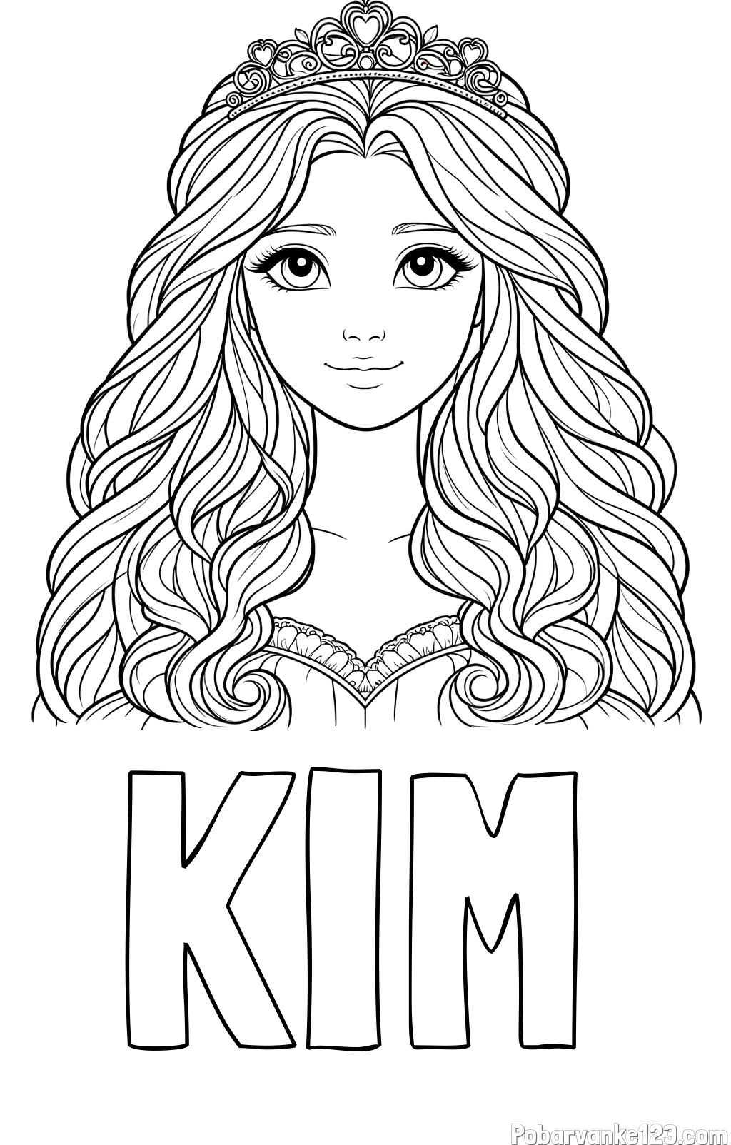 Pobarvanka imena KIM in pobarvanka ljubke princese z bujnimi lasmi