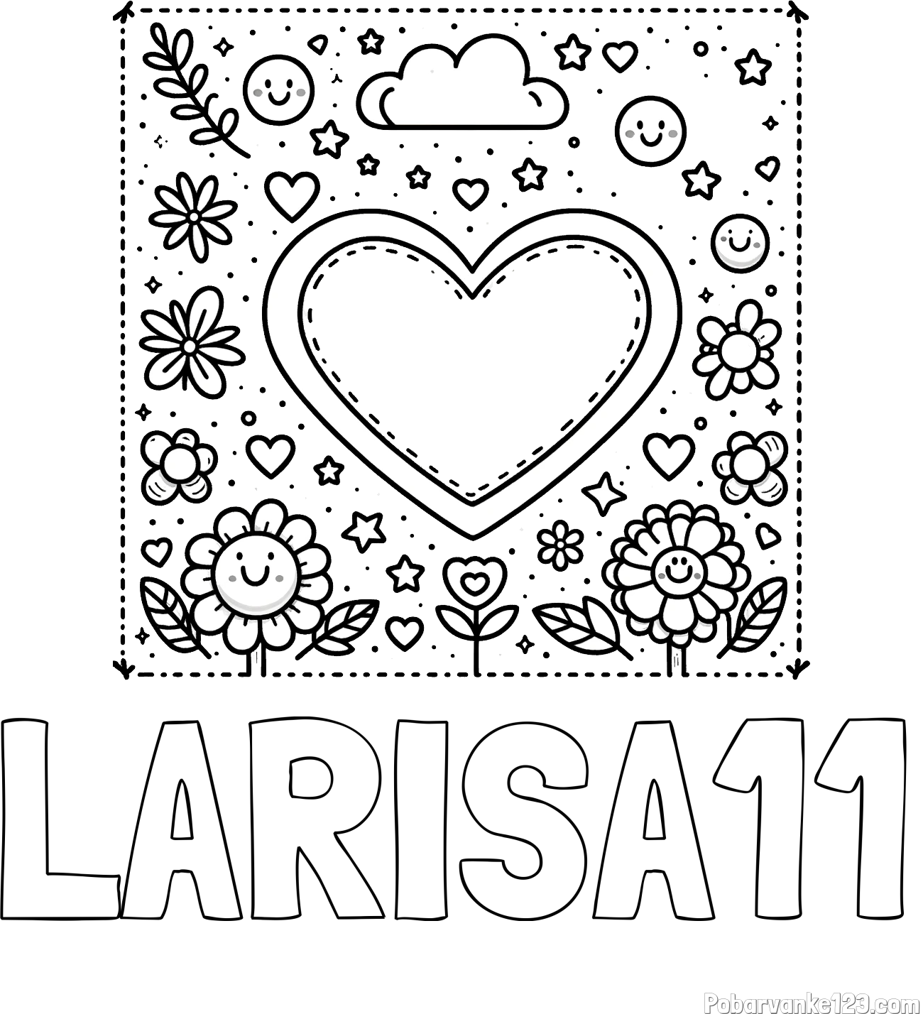 Pobarvanka imena LARISA11 in pobarvanka srčka ter rožic
