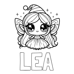 Online izdelana pobarvanka - Pobarvanka imena LEA in pobarvanka ljubke čarobne vile z velikimi očmi