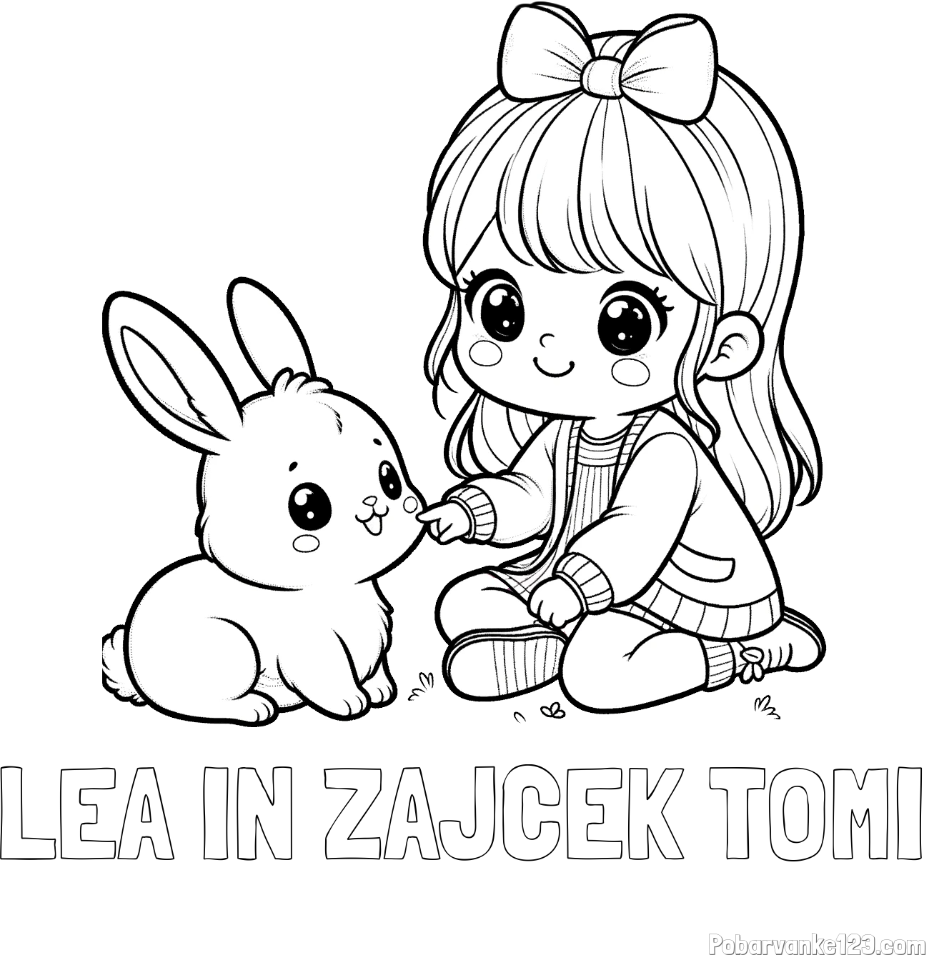 Pobarvanka imena LEA IN ZAJČEK TOMI in pobarvanka ljubke punčke, ki se igra z zajčkom