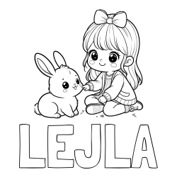 Online izdelana pobarvanka - Pobarvanka imena LEJLA in pobarvanka ljubke punčke, ki se igra z zajčkom