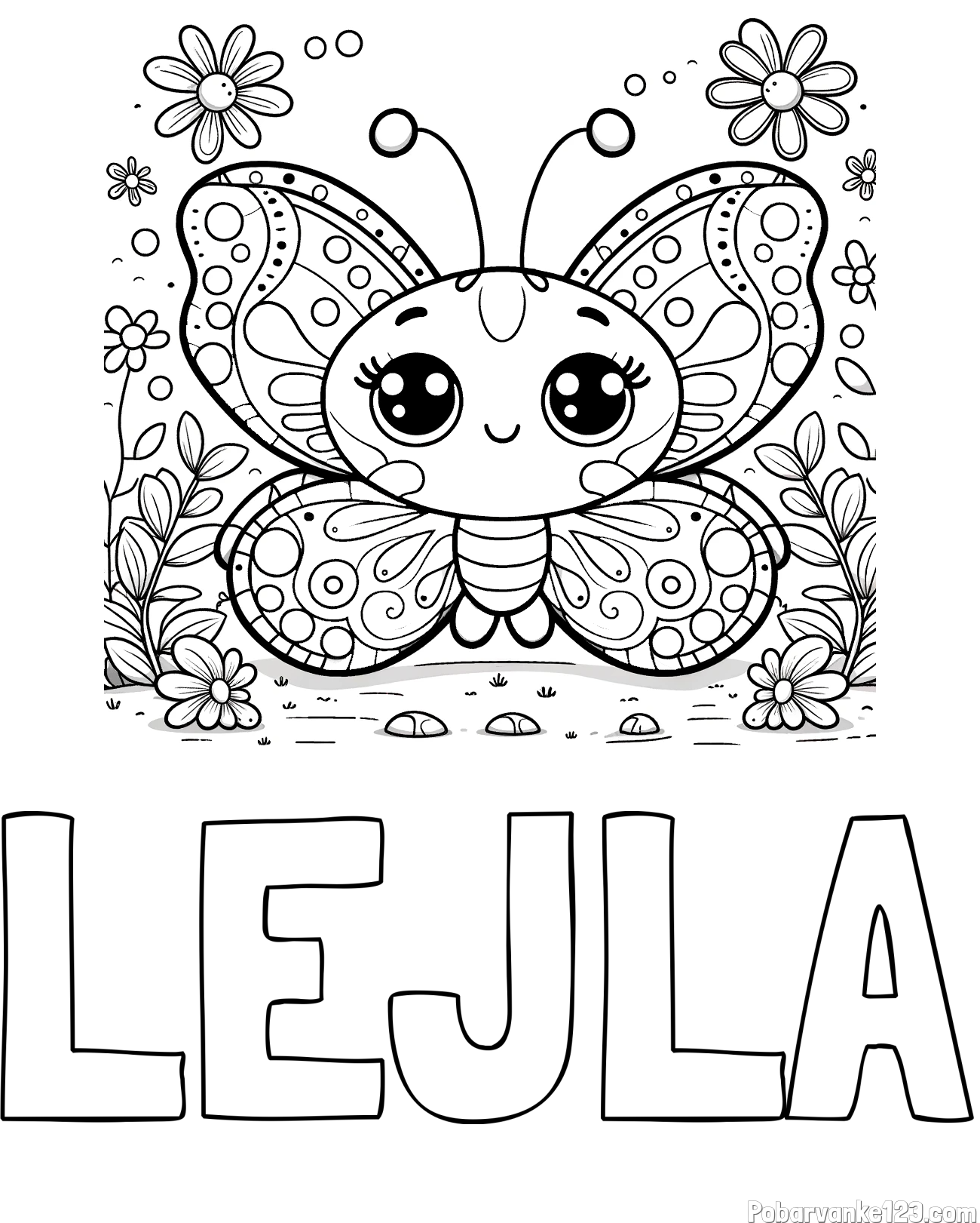 Pobarvanka imena LEJLA in pobarvanka ljubkega metuljčka