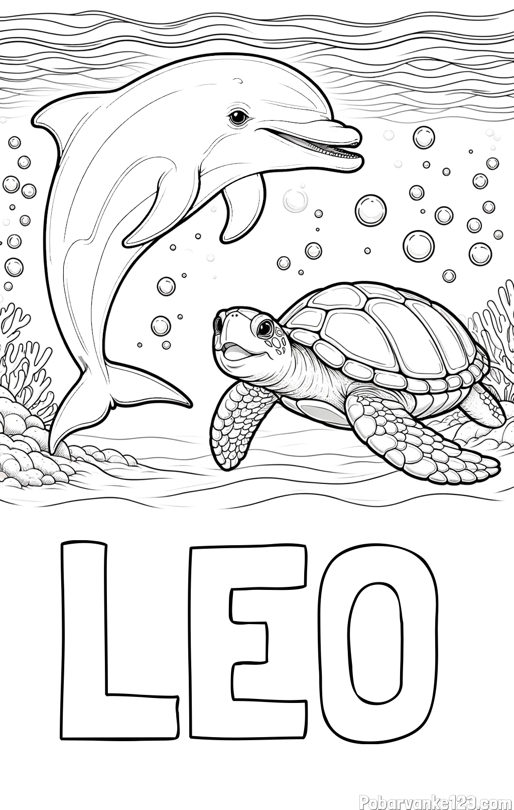 Pobarvanka imena LEO in pobarvanka ljubkega delfina in njegove prijateljice želve